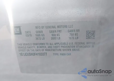 2015 Chevrolet Sonic Lt Auto from USA, damaged, VIN 1G1JC6SH0F4183377